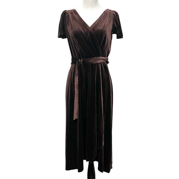DKNY Women’s Brown Velvet Faux-Wrap Flutter-Sleeve Dress Midi Belted Womens 10 - Picture 2 of 12